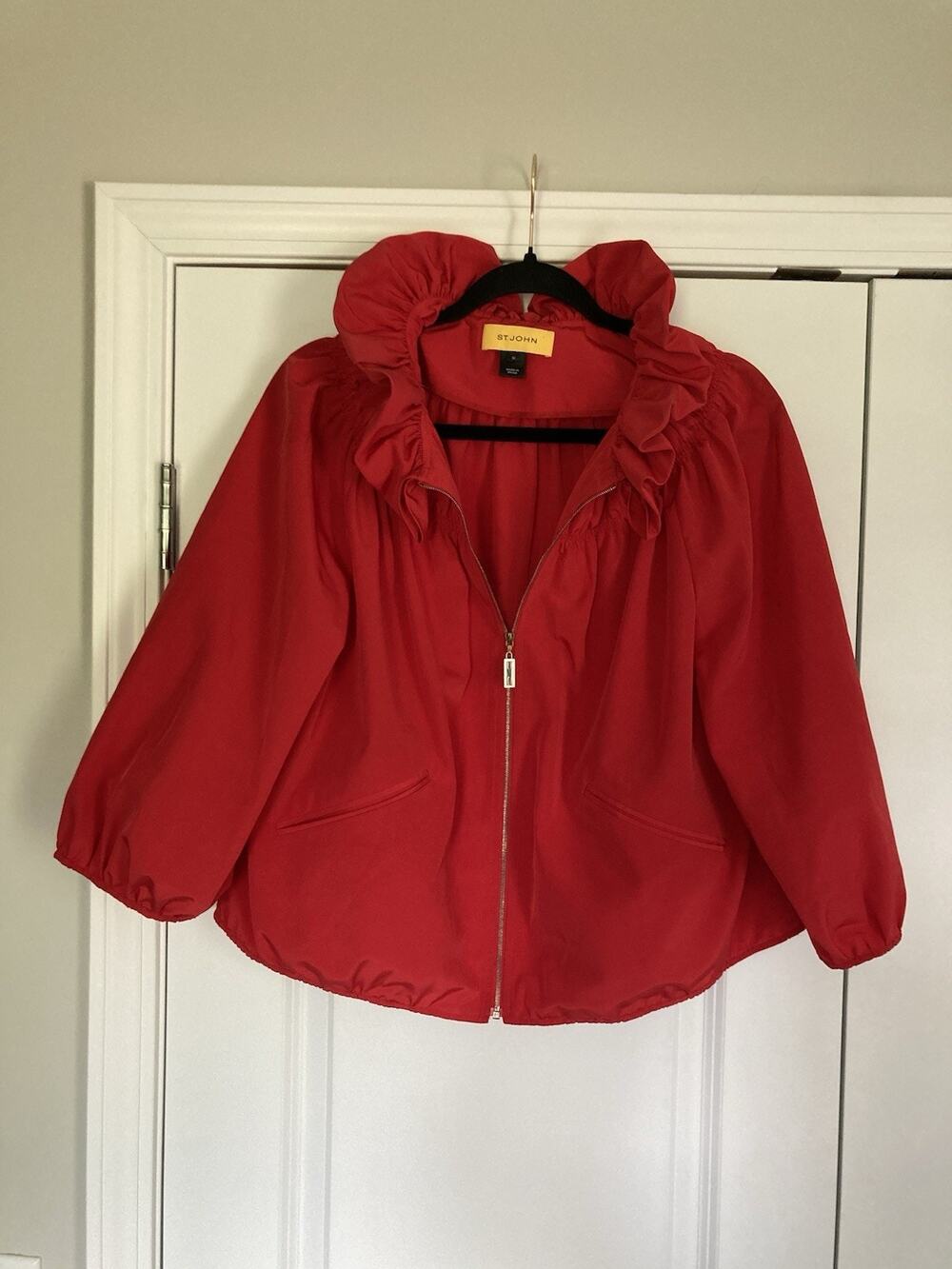 St John Venetian Red Ruffle Collar Spring Lightweight Zip Jacket Sz M